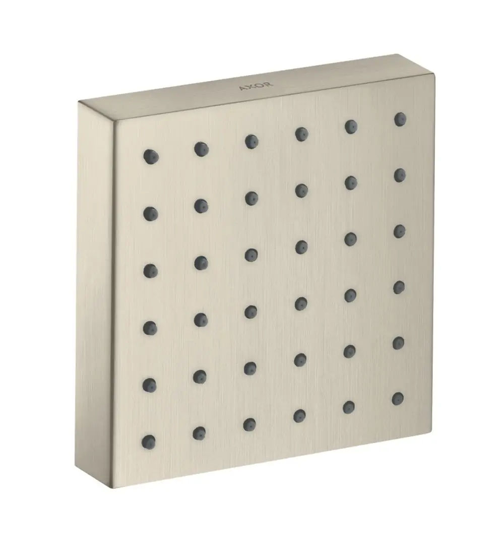 Brausemodul mit quadratischer Form, ausgestattet mit schwarzen Düsen auf einer gebürsteten Nickel-Oberfläche, von der Marke AXOR.